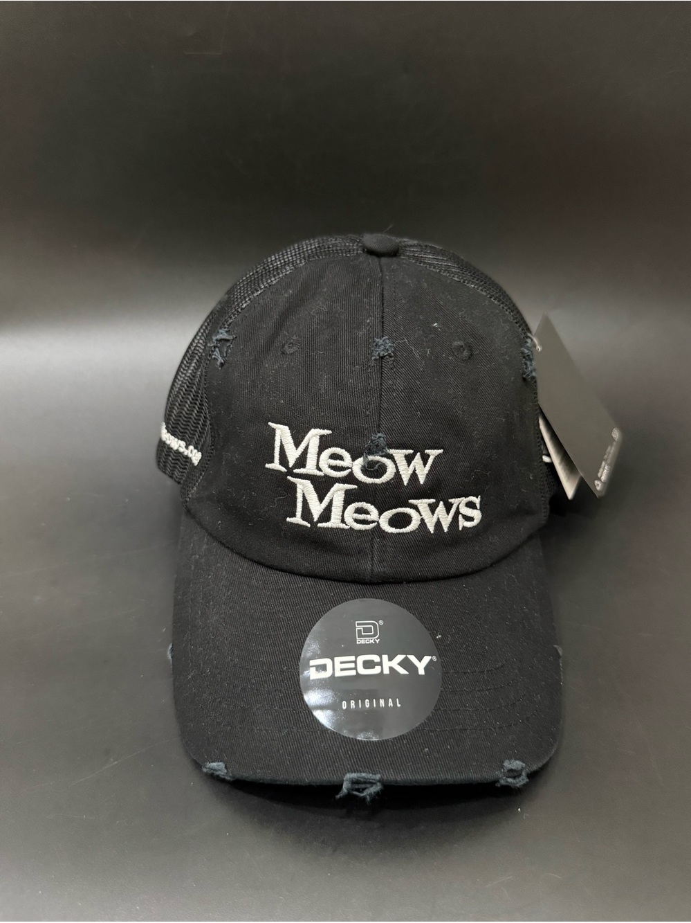 DECKY Meow Meows Black Distressed Trucker Hat Mesh Back Unisex Cap NWT